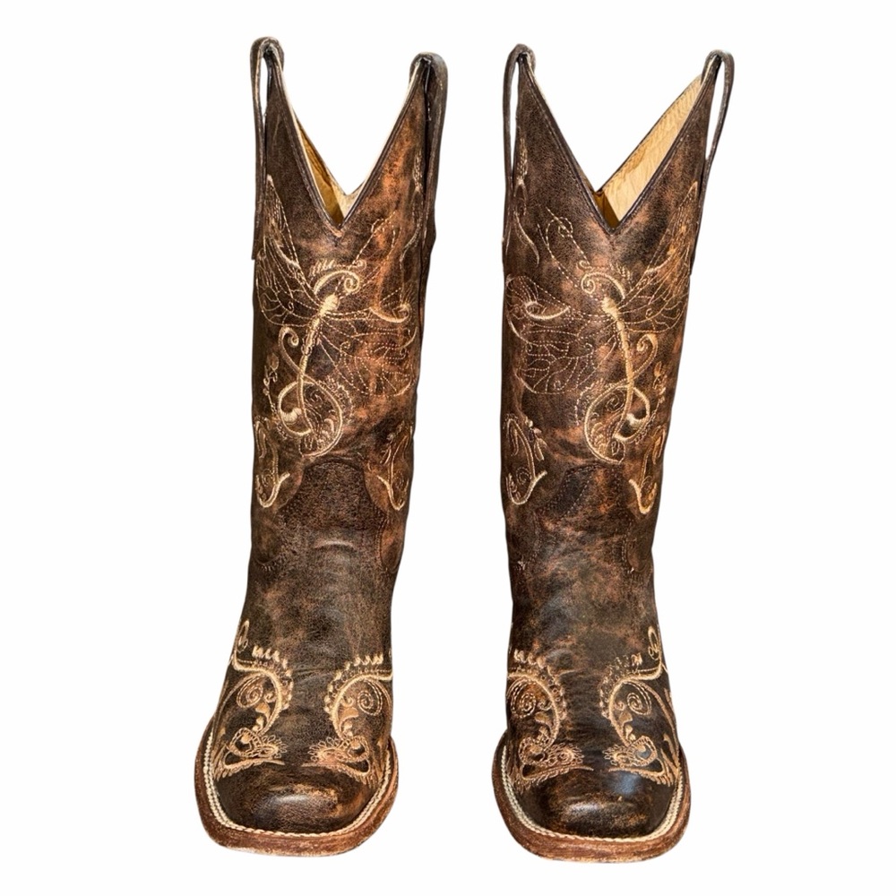 Circle G Brown Dragonfly Embroidered Square Toe Western Cowgirl Boots - Size 6.5 - Picture 7 of 15